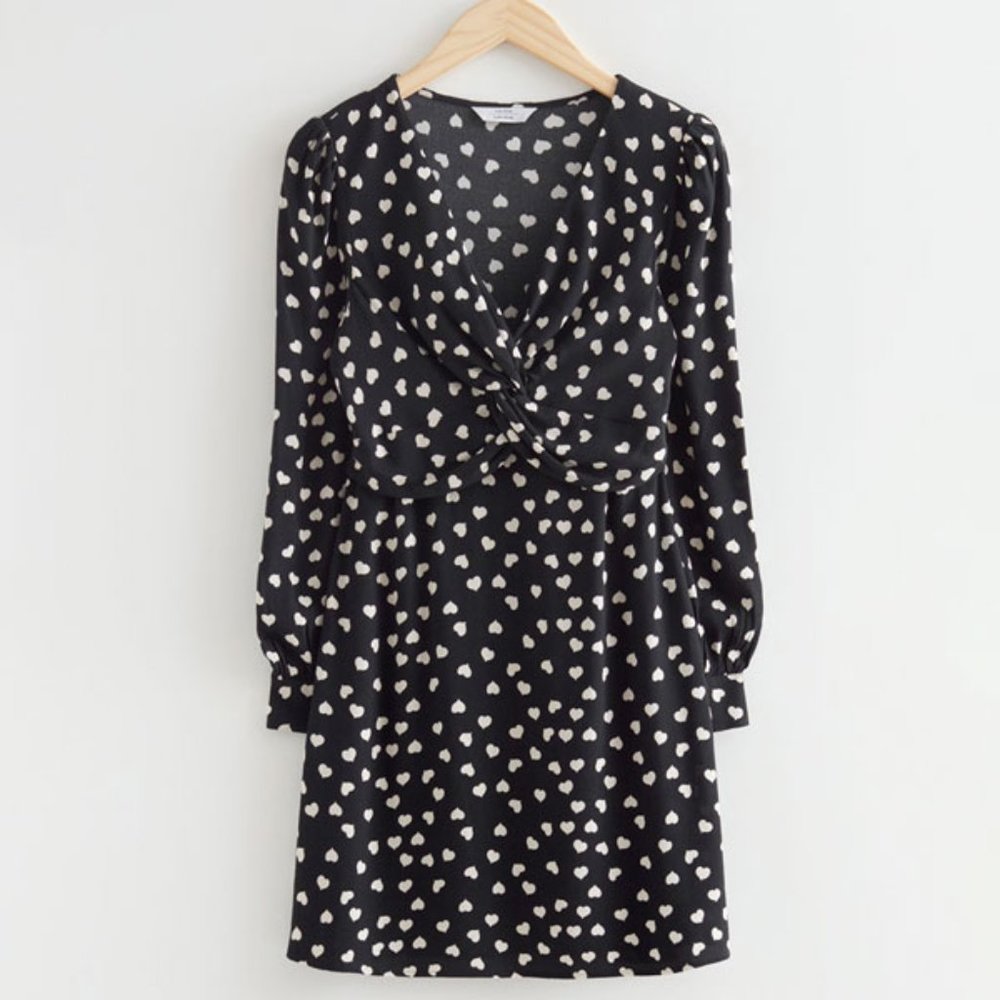 & Other Stories Black Spotted Twisted Front Print Mini Dress NWT